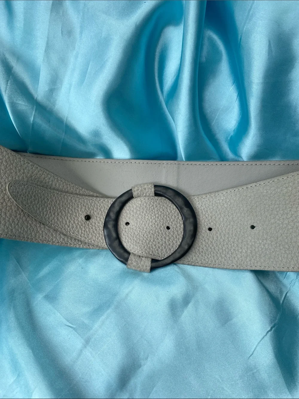Wide Women's Leather Belt with Round Buckle - Bone Cream Color